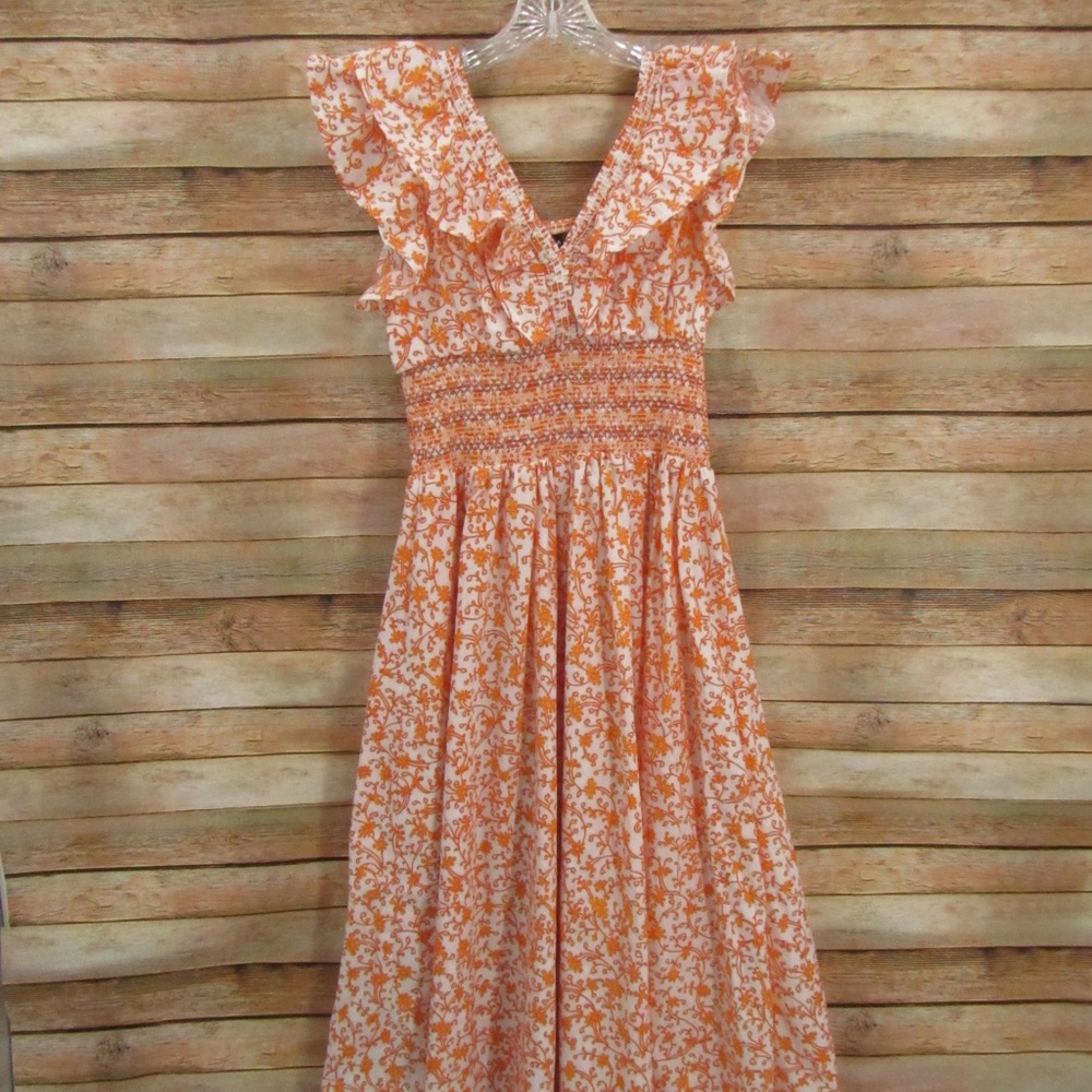 AQUA Orange and White V-Neck Floral Midi Dress Women's M